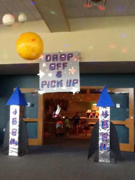 Space theme VBS 2014 Space Window Art, Space Bible School Ideas, Outer Space Vbs Decorations, Vbs Stellar Decorations, Vbs Space Theme Decorations, Space Vbs Decorations, Stellar Vbs 2023 Decorations, Outer Space Vbs, Stellar Vbs 2023