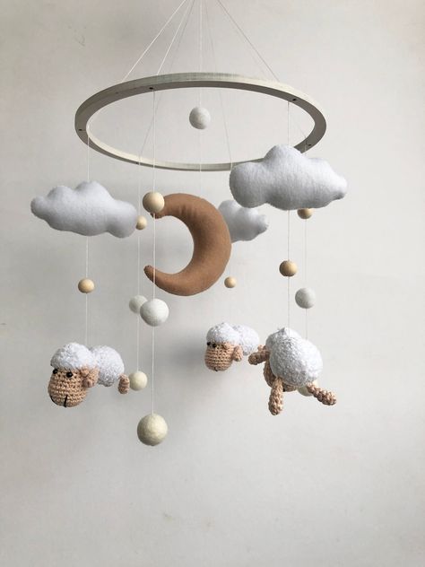 Baby mobile sheep. Nursery mobile, Custom baby mobile, Neutral baby mobile Owl Mobile, Sheep Nursery, Moon And Clouds, Crochet Baby Mobiles, Room Neutral, Happy Owl, Mobile Hanger, Baby Room Neutral, Crochet Mobile