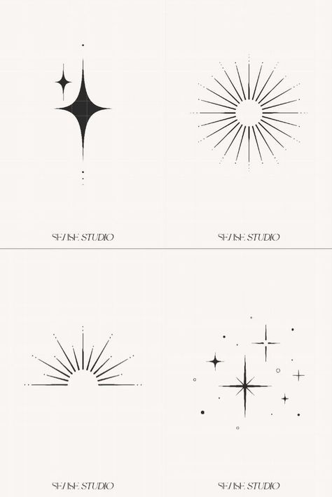 Minimalistic Celestial Graphics Celestial Elements Illustration, Reign Tattoo Ideas, Sun Sparkle Tattoo, Anime Sparkle Tattoo, Celestial Minimalist Tattoo, Sparkle Logo Design Ideas, Celestial Branding Design, Star Vector Design, Graphic Star Design