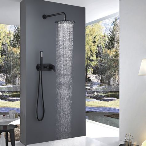 Black Shower System, Square Bathroom, Shower Combo, Bathroom Luxury, Power Shower, Shower Faucet Sets, Rainfall Shower Head, Mixer Shower, Black Shower