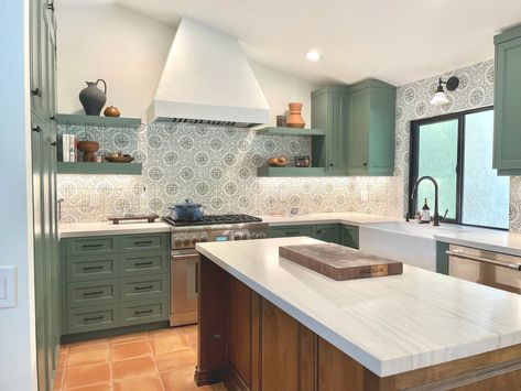 Gorgeous Green Spanish Style Kitchen — Joli G Interiors & Designs - San Diego Interior Designer Saltillo Tile Kitchen, Spanish Inspired Kitchen, Tabarka Tile, Spanish Style Kitchen, Spanish Kitchen, Lake House Interior, Saltillo Tile, Style Kitchen, Spanish Style