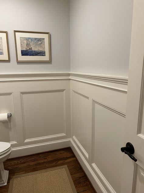 Powder Room With Picture Frame Molding, Molding On Bottom Half Of Wall, Colonial Wall Paneling, Wall Moulding Bathroom, Bathroom Trim Ideas Moldings, Picture Frame Molding Bathroom, Bathroom Molding On Walls, Half Wall Trim, Moulding Bathroom