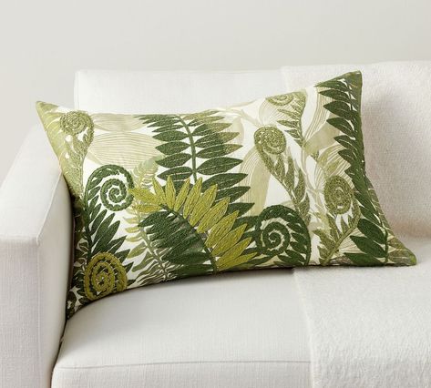 Fern Embroidered Lumbar Decorative Pillow Cover | Pottery Barn Fern Pillow, Suede Pillows, Decorative Lumbar Pillows, Pillow Texture, Types Of Embroidery, Linen Throw Pillow, Linen Throw, Pottery Barn Teen, Lumbar Pillow Cover