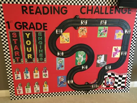 Mario Kart Reading Bulletin Board Reading Challenge Bulletin Board, Mario Kart Classroom Theme, Mario Kart Bulletin Board, Super Mario Classroom Door, Super Mario Bros Classroom Theme, Mario Kart Classroom, Super Mario Bulletin Board, Mario Classroom Theme, Mario Bulletin Board