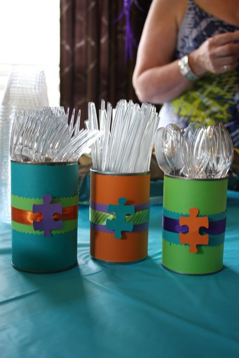 puzzle party decorations | Puzzle Party | YouNameItChicago | Ideas for Kids Puzzle Piece Table Decorations, Puzzle Centerpiece Ideas, Puzzle Party Ideas, Puzzle Theme Party, Puzzle Theme, Adoption Celebration, Adoption Baby Shower, Puzzle Piece Crafts, Adoption Shower