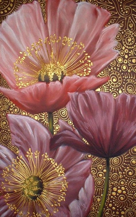 Poppy Heads, Scientific Art, Beautiful Scenes, Hodge Podge, Pink Poppies, Art Gold, Art Themes, Silk Painting, Abstract Flowers