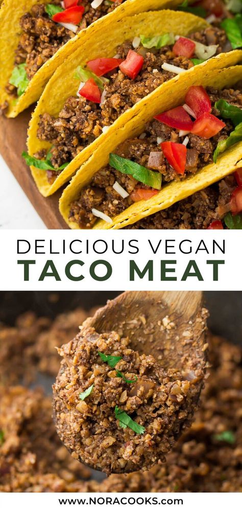 This Vegan Taco Meat is made entirely of plants! Generously seasoned with spices, it's perfect for tacos, burritos, salads, quesadillas or nachos. Kid friendly! Vegan Taco Meat, Vegan Tacos Meat, Vegan Meat Recipe, Vegan Taco, Tacos Burritos, Vegan Entree, Vegan Tacos, Taco Meat, Vegan Meals