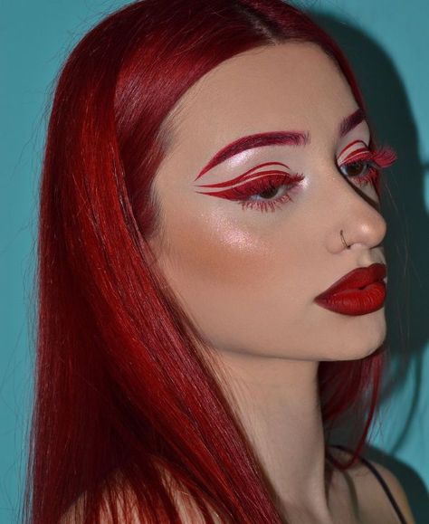 7 Bright, Vibrant Red Makeup Choices That Will Help You Make A Statement Red Eyebrow Makeup, Black And Red Makeup, Red Eyeliner Makeup, Red Makeup Looks, Fire Makeup, Red Hair Makeup, Applying Eyeshadow, Red Eyeliner, Red Eye Makeup