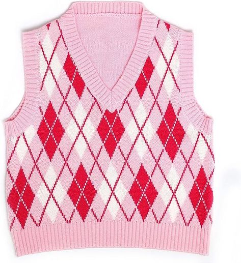 Autumn Clothes, Autumn Outfits, Fall Outfits Pink Plaid Vest Plaid Sweater Vest, Vest Y2k, Argyle Vest, Knitted Crop Tank Top, Argyle Sweater Vest, Preppy Sweater, Sleeveless Sweater Vest, Sweater Vest Women, Sleeveless Pullover