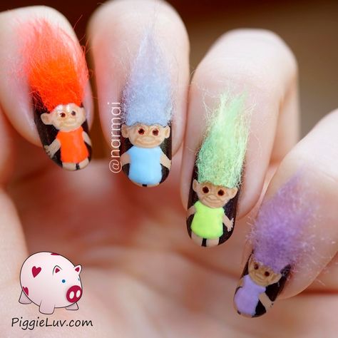 Do you remember those little troll dolls that were all the rage in the 60's and then again in the 90's? Here's the crazy 3D nail art version of them! NOT for actual wear, they were just for fun! Fur Nails, Patrick Nagel, Nail Art For Kids, 3d Nail Art Designs, Crazy Nail Art, Nagellack Trends, Colorful Nail, Crazy Nails, Nails For Kids