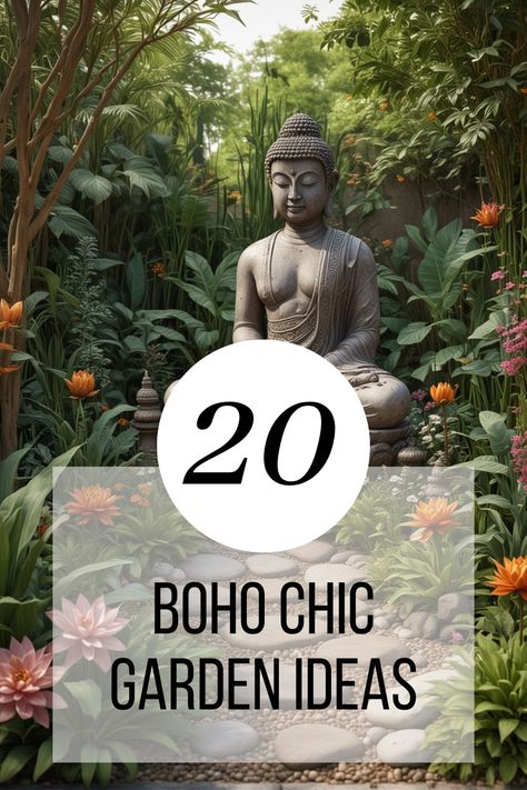 Elevate your backyard with 20 boho chic decor ideas that create a free-spirited garden. Perfect for nature lovers and whimsical souls. Front Yard Statue Ideas, Japanese Garden Statues, Buddhist Garden Ideas, Outdoor Buddha Garden Ideas, Wabi Sabi Garden Outdoor Spaces, Spiritual Garden Ideas Backyards, Outdoor Buddha Garden, Backyard Meditation Space, Wabi Sabi Garden