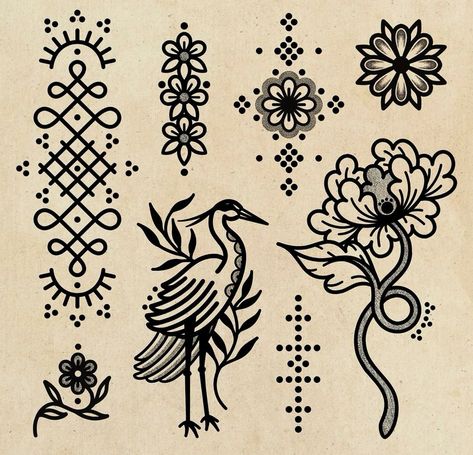 Traditional Danish Tattoo, Folk Tattoo Scandinavian, Japanese Ornamental Tattoo, German Folk Art Tattoo, 70s Tattoo Vintage, Nordic Folk Art Tattoo, Folk Traditional Tattoo, Traditional Polish Tattoo, Traditional Ornamental Tattoo