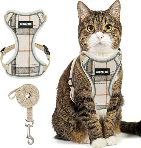 Amazon.com : ALUZAEMO Cat Harness and Leash Escape Proof - Plaid Reflective Cat Vest Harness for Walking Travel Hiking - Soft Mesh Adjustable Cat Harness with 5 FT Cat Leash for Medium Large Cats, Small Dog : Pet Supplies Cat Harness And Leash, Vest Harness, Cat Leash, Dog Harnesses, Cat Harness, Brown Cat, Travel Hiking, Space Cat, Cat Accessories