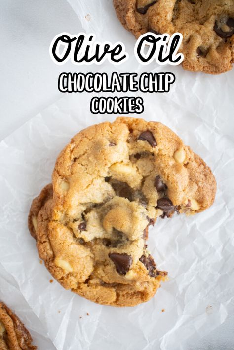 Olive Oil Chocolate Chip Cookies - Make the Best of Everything Vegetable Oil Cookies, Olive Oil Dessert Recipes, Olive Oil Dessert, Cookies With Olive Oil, Olive Oil Cookie Recipe, Cholate Chip Cookies, Cookie Recipe With Oil, High Altitude Chocolate Chip Cookies, Olive Oil Chocolate Chip Cookies