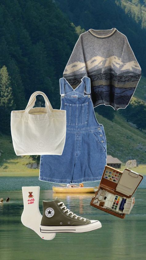 Summer crafts, summer, summer aesthetic, watercolor, watercolor outfit, artsy outfit, overalls, overall outfit, sweater outfit, summer evening date Artcore Outfit, Sweater Outfit Summer, Artsy Outfit Aesthetic, Artsy Aesthetic Outfits, Crafts Summer, Aesthetic Watercolor, Artsy Aesthetic, 00s Fashion, Overall Outfit