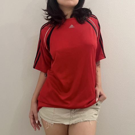 Red adidas oversized jersey Blokette soccer jersey... - Depop Adidas Top Outfit, Red Top Outfit, Jersey Fits, Oversized Jersey, College Jackets, Adidas Jersey, Red Jersey, Soccer Shorts, Jersey Outfit