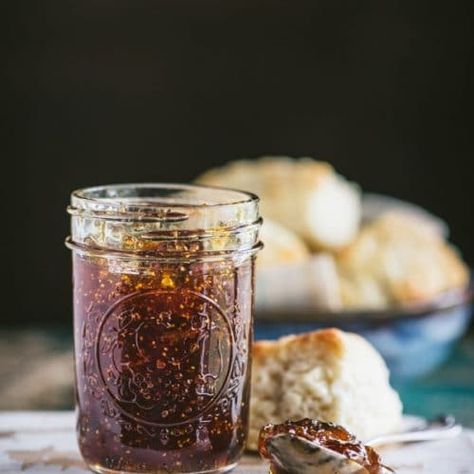 These old-fashioned fig preserves require just 3 ingredients -- and no pectin! One of the easiest jams to make, there's very little prep work necessary. Just simmer a pot on the stove for a couple of hours and you'll have a few jars of beautiful, preserved fresh figs to enjoy on cheese with crackers, spread on biscuits and cornbread, in sandwiches, or in baked goods like cakes. Fig Preserves Recipe, Fig Preserves, Black Mission Fig, Fig Spread, Easy Jam, Canning 101, Preserving Foods, Canning Ideas, Jar Of Jam