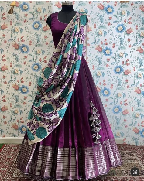 Crush Lehanga Designs, Traditional Lehangas, Latest Lehanga Models, Stylish Half Saree Designs, Half Saree Different Styles, Lehanga Designs From Saree, Half Saree Blouse Designs Simple, Party Wear Half Sarees, Simple Langa Voni Half Saree