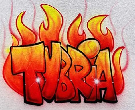 Airbrush Fire & Flame Letters Name Design T Shirt Fire Graffiti Lettering, Name Design Art Ideas Letters, Flame Graffiti, Airbrush Art Ideas, Fire Lettering, Name Design Art Ideas, Fire Graffiti, Cool Letter Fonts, Flame Letters