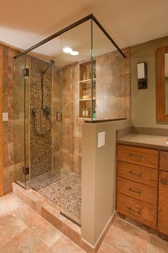 Preus Bathroom - transitional - bathroom - minneapolis - Crystal Kitchen Center Aging In Place Bathroom, River Rock Bathroom, River Rock Shower, Crystal Kitchen, Rock Shower, Tiled Shower Ideas, Japandi Home Decor, Luxury Bathroom Design, Transitional Exterior