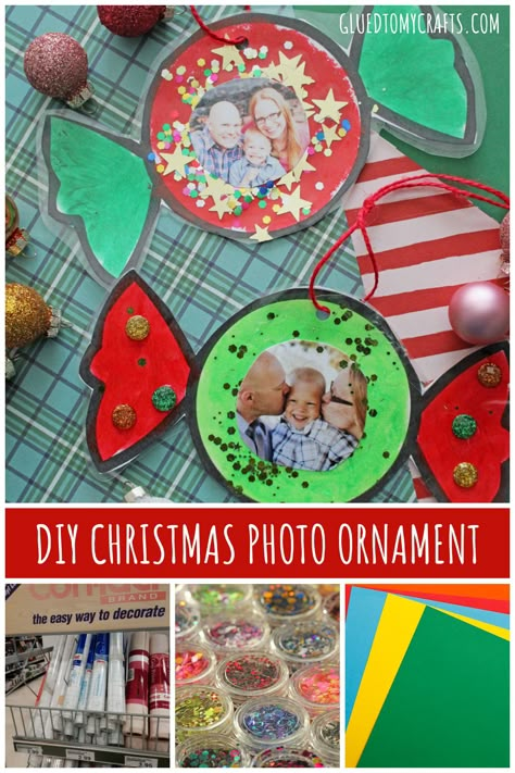 Kids Ornament Picture Craft, Kids Picture Ornaments Diy, Photo Ornaments Preschool, Christmas Craft With Picture For Kids, Christmas Picture Crafts For Kids, Picture Ornaments Diy Kids, Diy Photo Christmas Ornaments, Diy Photo Ornaments Christmas, Kids Picture Ornament Craft