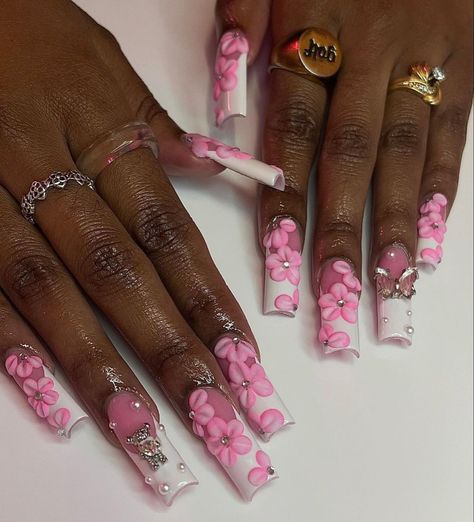 Pink 90s Nails, Barbie Acrylic Nails, Long Baddie Nails, Barbie Nails Design Ideas, Hype Nails, Pink Baddie Nails, 2000s Hibiscus Nails, Barbie Nails Acrylic, Hot Pink 2000s Nails