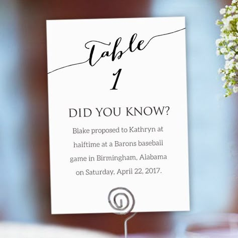 Use table cards to share fun facts with your guests! Wedding Fun Facts, Wedding Couple Table, Card Table Wedding, Veil Wedding, Future Wedding Plans, Cute Wedding Ideas, Wedding Table Numbers, Table Number, Table Cards