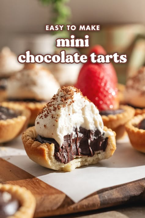 These mini chocolate tarts are made with a tender shortcrust pastry tart shell with a simple chocolate ganache filling. They're so easy to make in a muffin pan! Top them with flaky salt, whipped cream, or fresh fruits! #chocolate #chocolatetarts #tart | teakandthyme.com Tart Cups Recipe, Mini Chocolate Tarts Recipe, Easy Mini Tarts, Simple Chocolate Ganache, Dessert Tarts Mini, Mini Chocolate Pie, Fruit Tart Recipe Mini, Easy Fruit Tart, Chocolate Tarts Mini