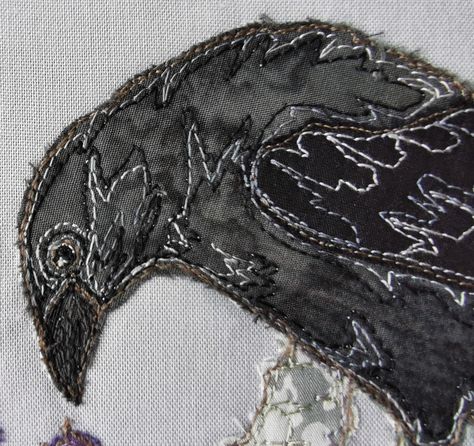 PDF pattern for Gothic Raven panel raw edge applique tutorial free motion embroidery Raven Fabric, Raven Quilt, Free Motion Embroidery Applique, Raven Design, Gothic Raven, Bird Fabric, Freehand Machine Embroidery, Applique Art, Bird Applique