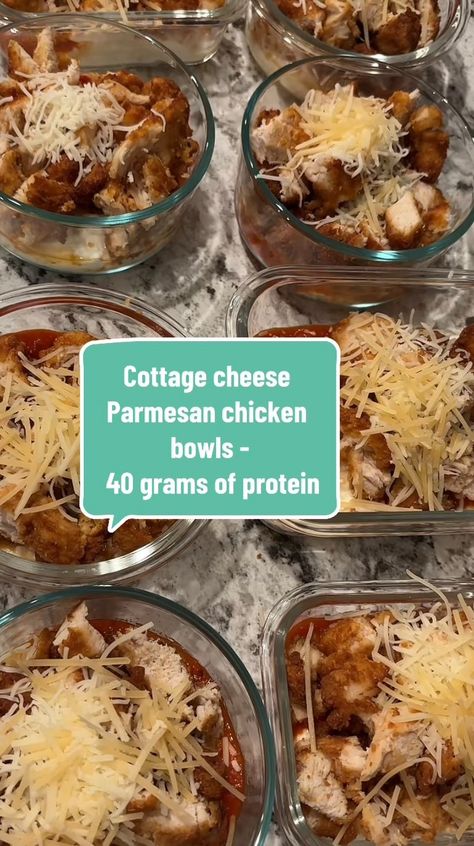 Part one Cottage cheese Parmesan chicken bowls - 40 grams of protein #proteinbowls #cottagecheese #lowcalorie #highprotein #FoodTok… | Instagram Cottage Cheese Protein Meals, Chicken Parm Protein Bowl, Cottage Cheese Parmesan Chicken, Chicken Parmesan Meal Prep, Quick Lunch Ideas At Home Healthy, High Protein Meal Prep Cottage Cheese, High Protein Chicken Parm Bowl, Chicken With Cottage Cheese Recipes, Tik Tok Cottage Cheese Recipes