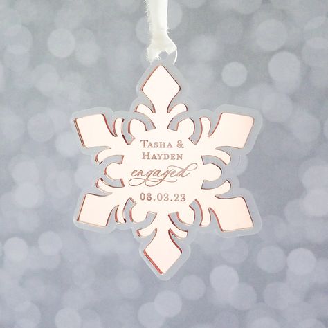 Acrylic Snowflake, Engaged Ornament, Hand Dyed Silk Ribbon, Snow Fairy, Engagement Ornaments, Engaged Couple, Newly Engaged Couple, Mirror Acrylic, Snowflake Design