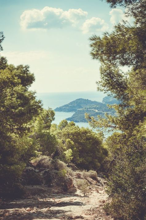 Travel photography. Greek islands. Rocky road to the peaceful blue sea. #seascape #forest #scenery #landscape #coast #mediterranean Mediterranean Forest, Peaceful Blue, Greek Mountains, Forest Scenery, Greek Isles, Scenery Landscape, Mediterranean Landscaping, Mediterranean Coast, Rocky Road