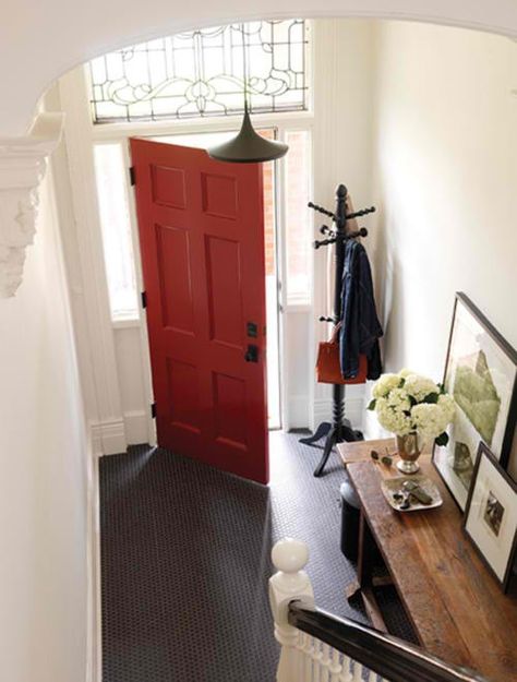 Front hall - I'm going to paint the inside of my door...yep Red Front Door, Penny Round Tiles, Colors Wall, Round Tiles, Wall Door, Red Door, Entry Way, Painted Doors, Interior Door