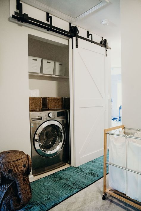 Efficient Laundry Room, Smart Washer And Dryer, Cottage Bath, Barn Door Closet, Dream Laundry Room, Laundry Room Closet, Laundry Room Shelves, Laundry Closet, Small Laundry Rooms