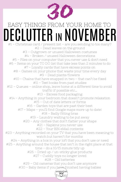 Great list of things at home and in life to declutter in November. 30 items (so one a day!) to get rid of . I can't wait to get started. #declutter #checklist #freeprintable 2024 Declutter, Declutter Fast, Home Declutter, Things To Declutter, Declutter Checklist, House Cleaning Checklist, Declutter Your Life, Household Cleaning Tips, Organize Declutter