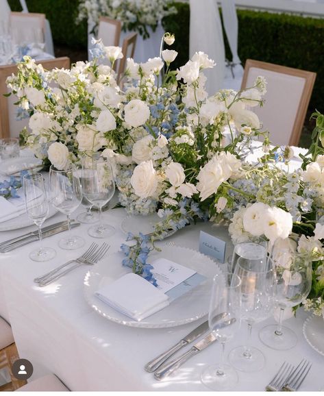 Spring Wedding Navy Blue Color Schemes, Baby’s Breathe On Table, Blue And White Wedding Colour Palette, European Wedding Table Setting, Wedding Reception Mixed Tables, Simple Wedding Decor Table, Grand Millennial Tablescape, Greyish Blue Wedding Theme, Slate Blue Wedding Colors