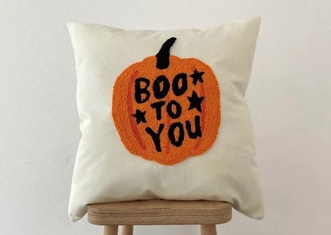 Punch Needle Pumpkin Pillow, Pumpkin Punch Needle, Pumpkin Punch, Punch Pillow, Punch Needle Pillow, Pumpkin Pillow, Halloween Facts, Halloween Throw Pillow, Needle Embroidery