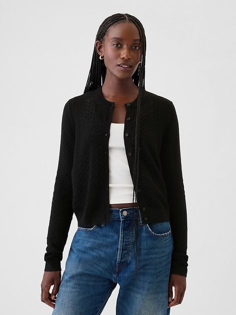 Saw this on Gap: Fall Cardigan Outfits, Button Cardigan Outfit, Black Cardigan Outfit, Black Button Up Cardigan, Cardigan Fall Outfit, Pointelle Cardigan, Fall Cardigan, What A Girl Wants, Fall 24