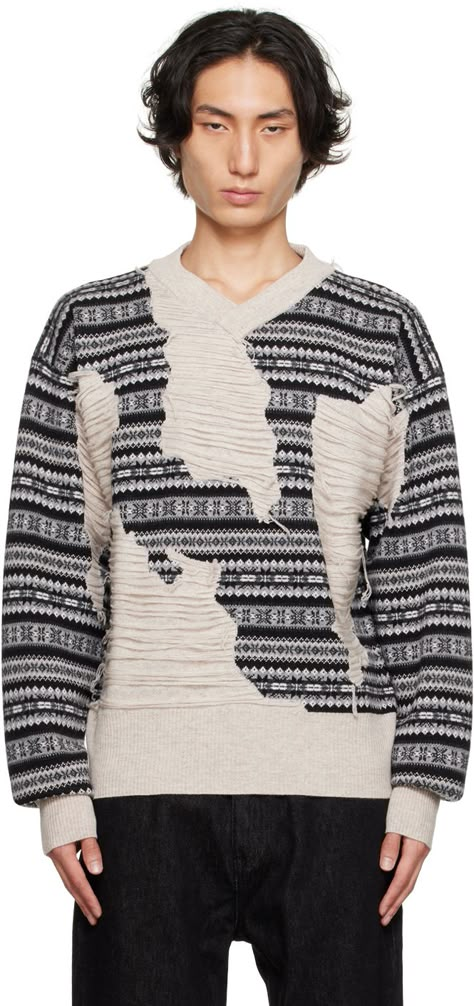 Knit wool sweater. · Laddering and jacquard pattern throughout · Rib knit V-neck, hem, and cuffs Supplier color: Grey/Black Knitwear Fashion Design, Wynn Hamlyn, Jacquard Knitting, Knitwear Details, Fashion Knitting, Mens Knit, Designer Knitwear, Knit Men, Knitwear Fashion