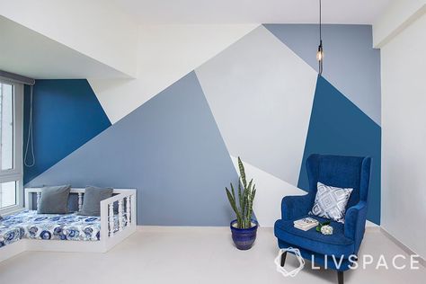 Geometric Wall Paint, Wall Paint Patterns, Blue Painted Walls, Room Wall Painting, Bedroom Wall Designs, Bedroom Wall Paint, Wall Painting Decor, Wall Paint Designs, Diy Concrete