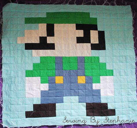 Luigi by SewingByStephanie, via Flickr Mario Quilt, Mario Crochet, Pixel Quilting, Native Beading Patterns, Quilting Videos, Super Mario Brothers, Colorful Quilts, Mario Brothers, Boy Quilts