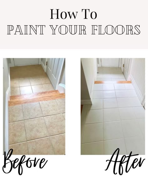 brown 'before' tiles, and 'after' white tiles, done with floor paint Bathroom Floors Ideas, Paint Floor Tile, Whitewashed Floorboards, Painted Tile Floor, Painting Floors, Paint Tile, Vinyl Flooring Bathroom, Entry Tile, New Floors