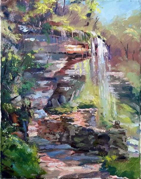 Oil painting landscape trees water rocks Cliff waterfall Simple Oil Painting Ideas Inspiration, Cliff Waterfall, Cliff Painting, Cliff Landscape, Waterfall Drawing, Landscape Reference Photos, Oil Pastel Landscape, Waterfall Painting, Sketchbook Challenge