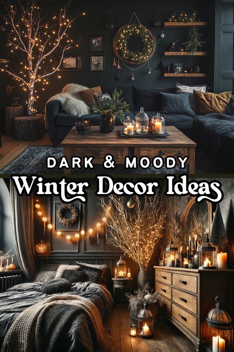 Dark Moody Christmas Decor, Gothic Christmas Decorations, Witchy Winter, Gothic Home Decor Ideas, Witchy Christmas, Yule Decor, Dark And Moody Interiors, Moody Christmas, Winter Decor Ideas