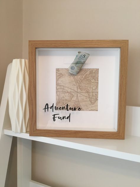 Save for your next adventure in style. Freestanding or wall hung. Nice gift idea. Money slot big enough for coins and notes. Adventure Fund, Money Frame, Travel Fund, Fun Money, Ikea Frames, Personalised Prints, Money Box, Travel Lover, Box Gift