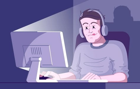 Gamer Illustrations, Gamer Cartoon, Pc Drawing, Night Cartoon, Vector Illustration Character, Play Computer Games, Computer Drawing, Computer Vector, Beach Drawing