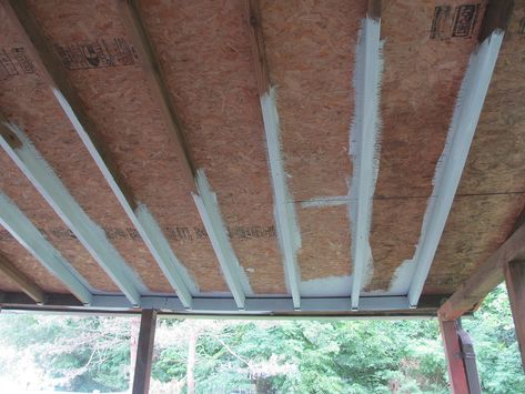 Exposed Beam Porch Ceiling, Exposed Porch Rafters, Corrugated Metal Ceiling Porch, Black Ceiling Porch, Underside Of Porch Roof Ceilings, Partial Covered Deck Ideas, Diy Porch Ceiling, Metal Porch Ceiling, Covered Porch Ceiling Ideas