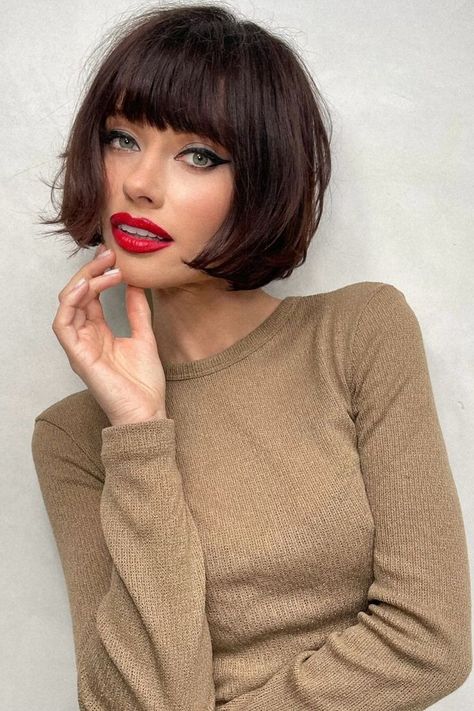 short french bob on fine hair Short French Bob With Bangs Fine Hair, Chin Length Haircuts With Bangs, Short Bob Brown Hair, Short French Bob With Bangs, French Bob Haircut With Bangs, Short Dark Hairstyles, 1920s Hair Short, Blonde French Bob, French Bob Fine Hair