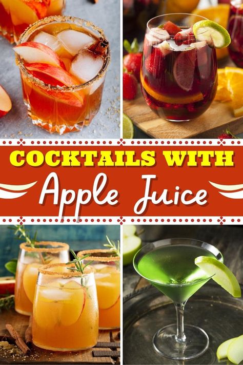 If you haven't tried any cocktails with apple juice, you're really missing out! They're sweet, fruity, and ideal for your next fall party or potluck. Sparkling Apple Juice Cocktail, Apple Juice Alcohol Drinks, Cocktail With Apple Juice, Apple Juice Cocktail Recipes, Apple Juice Punch, Apple Drinks Alcohol, Apple Juice Cocktail, Apple Cocktails, Apple Juice Recipe