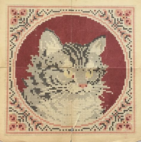 Vintage Crochet Tapestry, Grid Art Crochet, Large Crochet Tapestry, Weird Cross Stitch, Cat Grid Pattern, Cross Stitch Cat Pattern, Cat Crochet Tapestry, Cat Tapestry Crochet, Cross Stitch Background